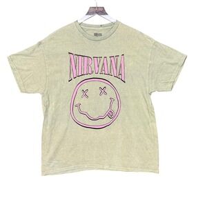 Nirvana Band Tee Mens XL Green Pink Graphic‎ T-Shirt Smiley Face Short Sleeve